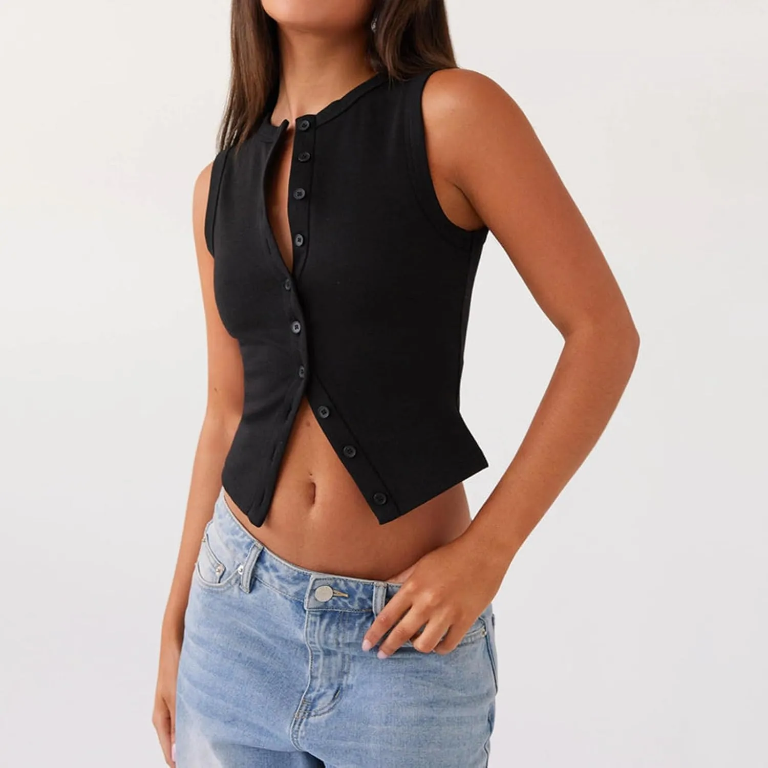 wdehow Women Y2k Ribbed Vest Button Down Solid Color V Neck Sleeveless Slim Fit Crop Going Out Tops