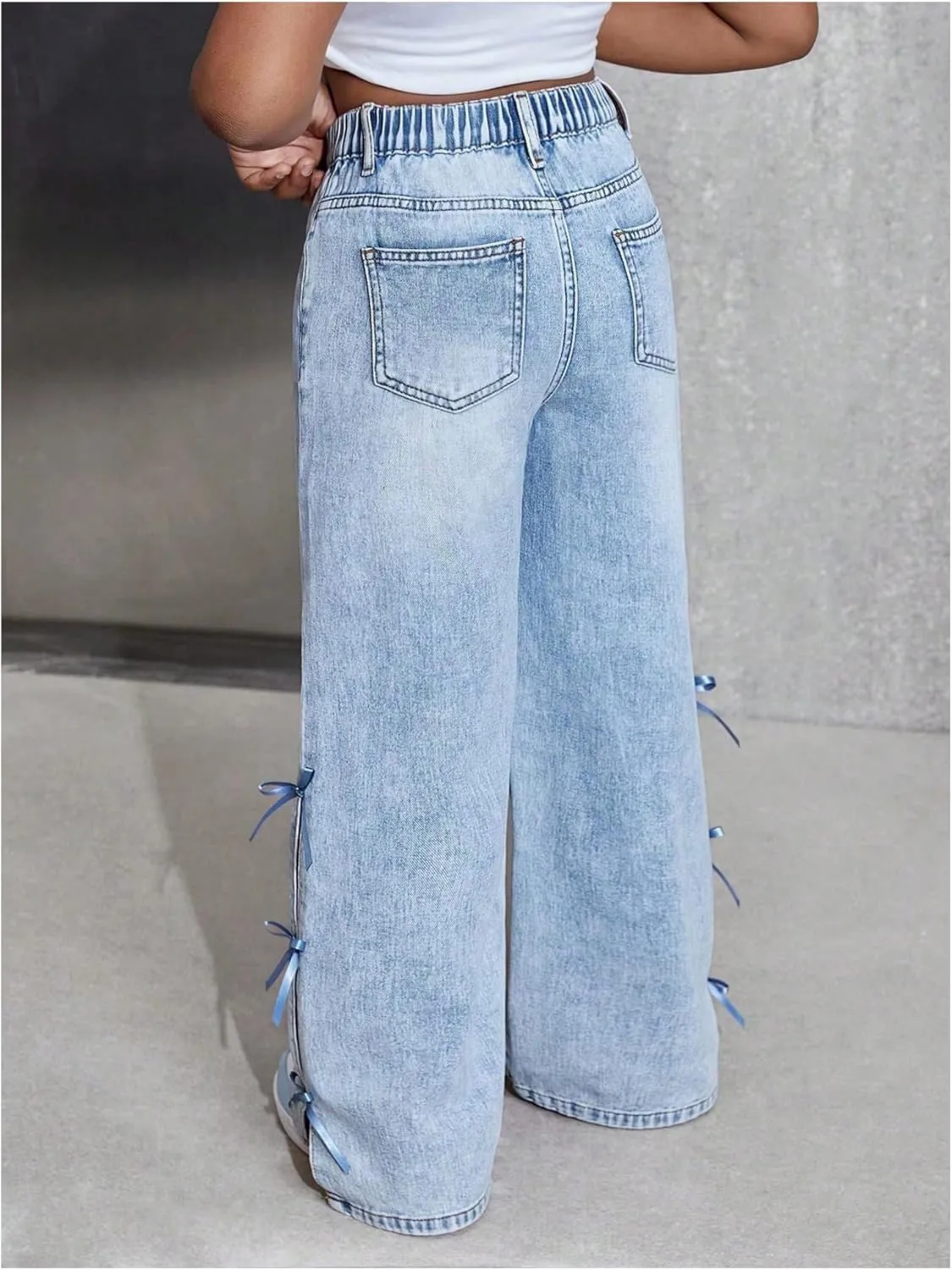 WDIRARA Girl's Cute Bowknot Elastic Waist Jeans High Waisted Straight Leg Denim Pants