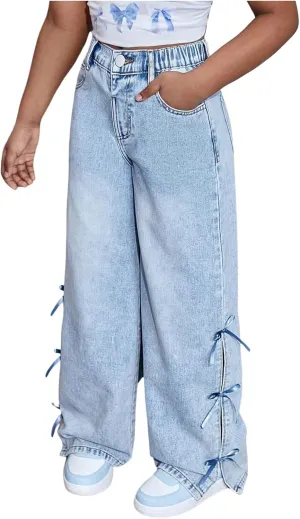 WDIRARA Girl's Cute Bowknot Elastic Waist Jeans High Waisted Straight Leg Denim Pants