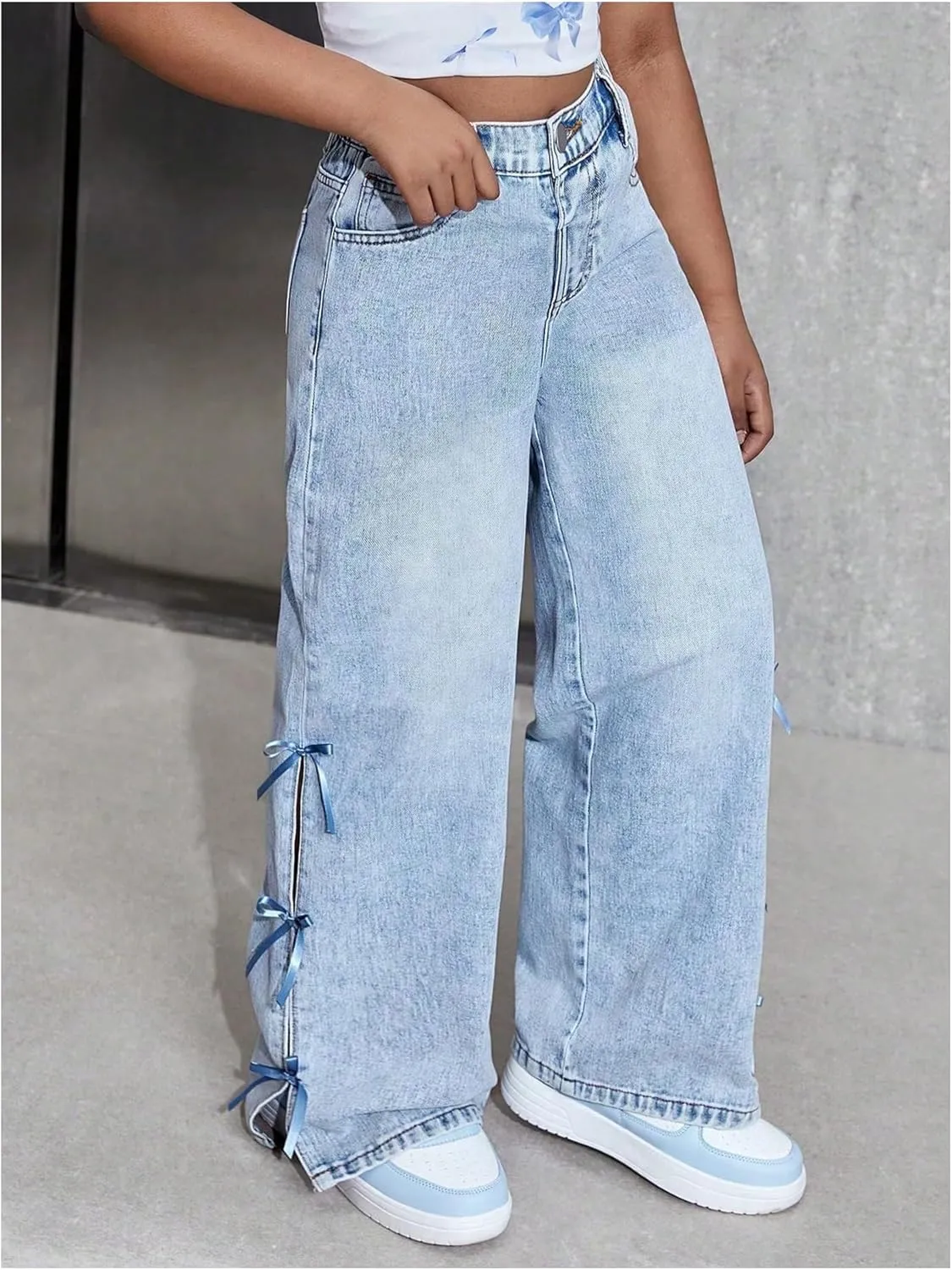 WDIRARA Girl's Cute Bowknot Elastic Waist Jeans High Waisted Straight Leg Denim Pants