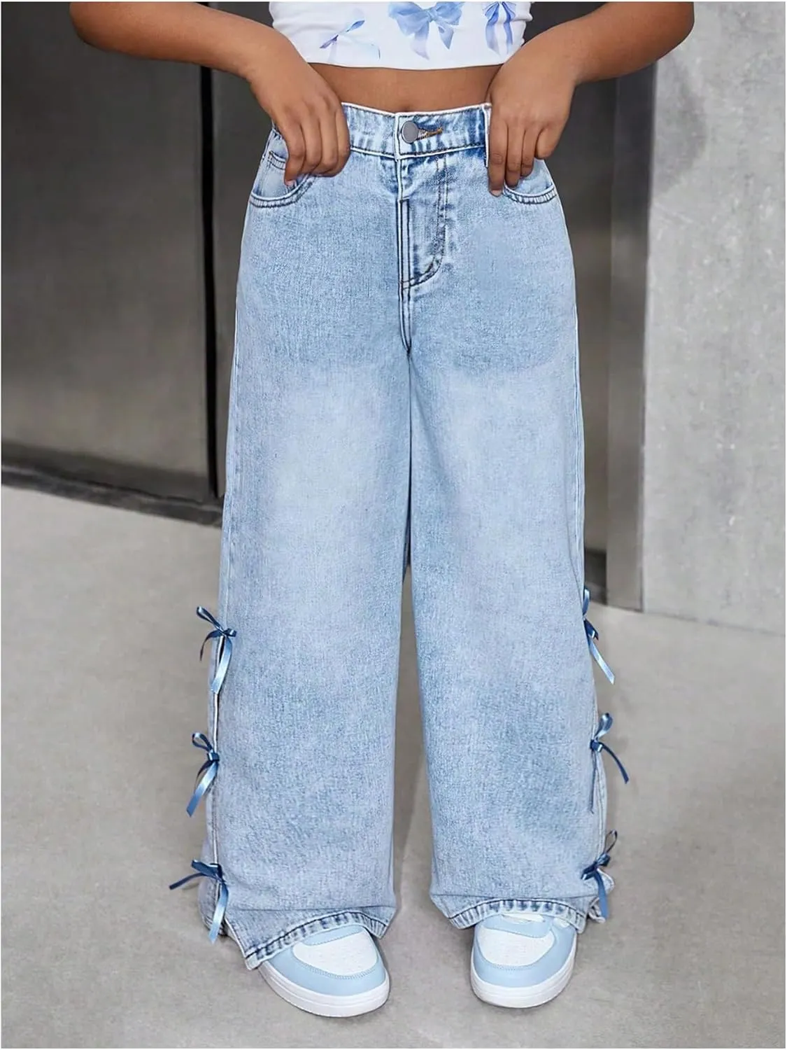 WDIRARA Girl's Cute Bowknot Elastic Waist Jeans High Waisted Straight Leg Denim Pants