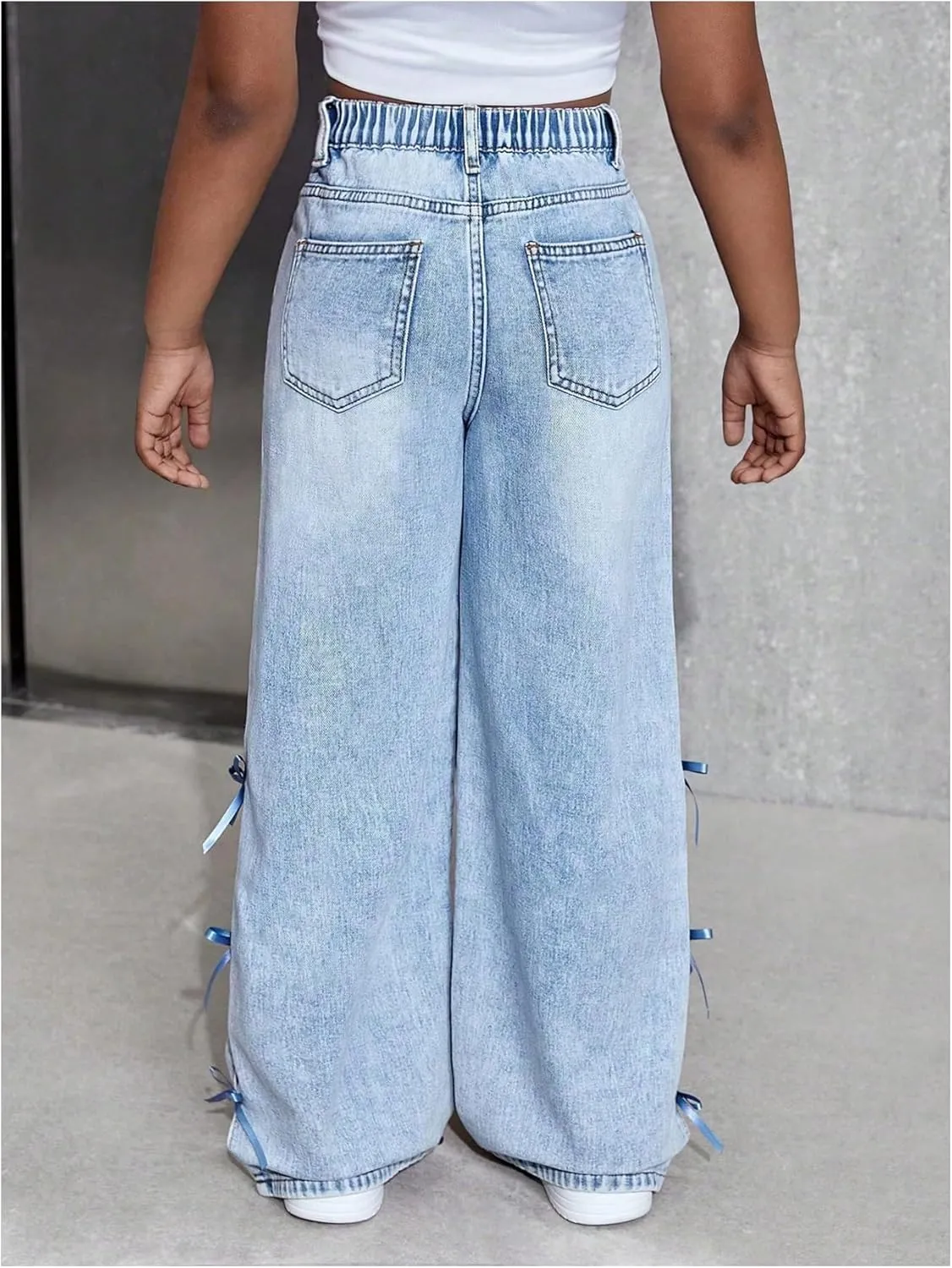WDIRARA Girl's Cute Bowknot Elastic Waist Jeans High Waisted Straight Leg Denim Pants