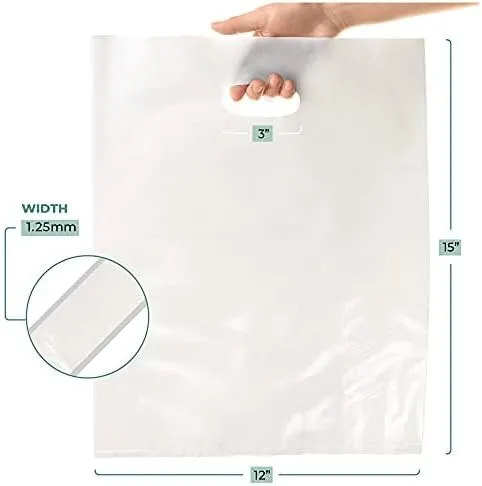White Merchandise Plastic Shopping Bags - 100 Pack 12" x 15"with 1.25 mil Thick - Die Cut Handles - Perfect for Retail Shops, Party Favors, Birthdays, Children Parties - Color White - 100% Recyclable