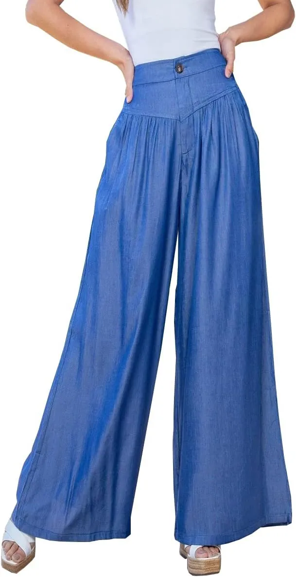 Wide Leg Denim Palazzo Pants for Women Smocked High Waisted Loose Fit Flowy Pants Casual Summer Lounge Trousers with Pockets