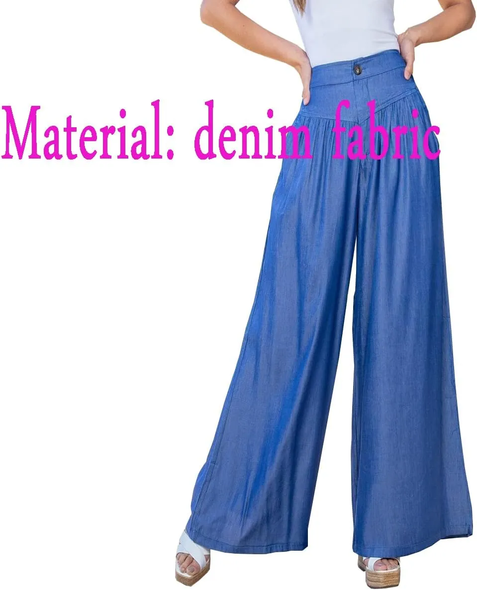 Wide Leg Denim Palazzo Pants for Women Smocked High Waisted Loose Fit Flowy Pants Casual Summer Lounge Trousers with Pockets