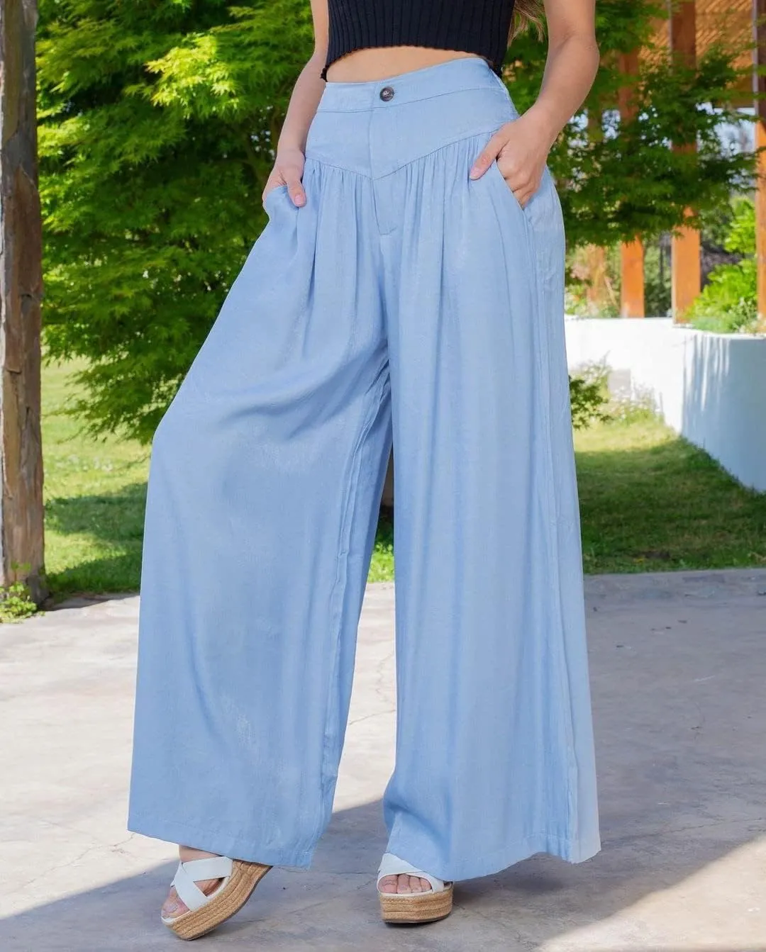 Wide Leg Denim Palazzo Pants for Women Smocked High Waisted Loose Fit Flowy Pants Casual Summer Lounge Trousers with Pockets