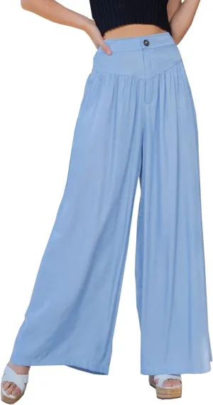 Wide Leg Denim Palazzo Pants for Women Smocked High Waisted Loose Fit Flowy Pants Casual Summer Lounge Trousers with Pockets