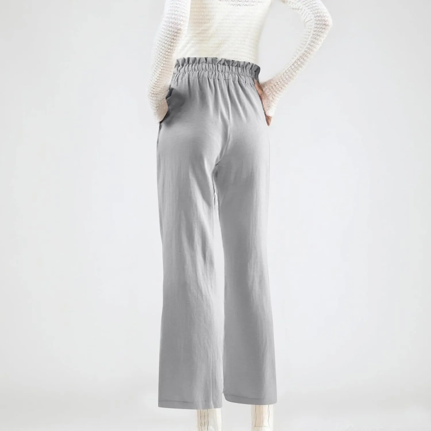 Wide Leg Linen Pants for Women Straight Leg Solid Country Concert Drawstring Cropped Loose Pants with Pockets