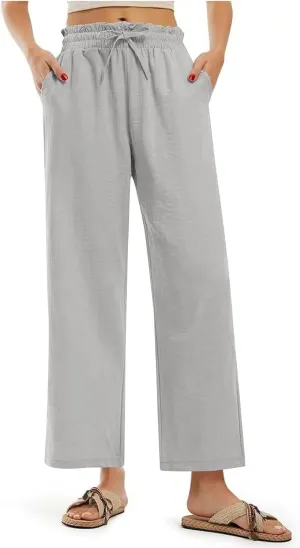 Wide Leg Linen Pants for Women Straight Leg Solid Country Concert Drawstring Cropped Loose Pants with Pockets