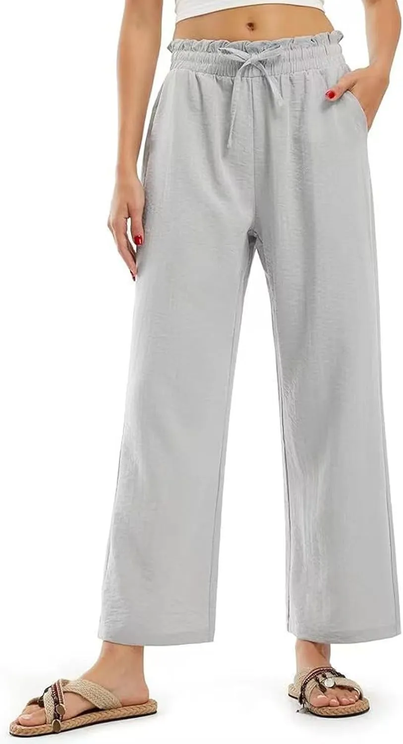 Wide Leg Linen Pants for Women Straight Leg Solid Country Concert Drawstring Cropped Loose Pants with Pockets