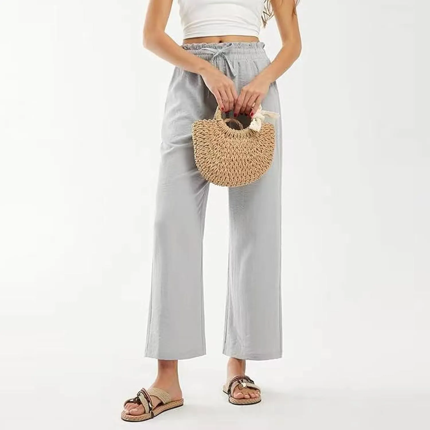 Wide Leg Linen Pants for Women Straight Leg Solid Country Concert Drawstring Cropped Loose Pants with Pockets