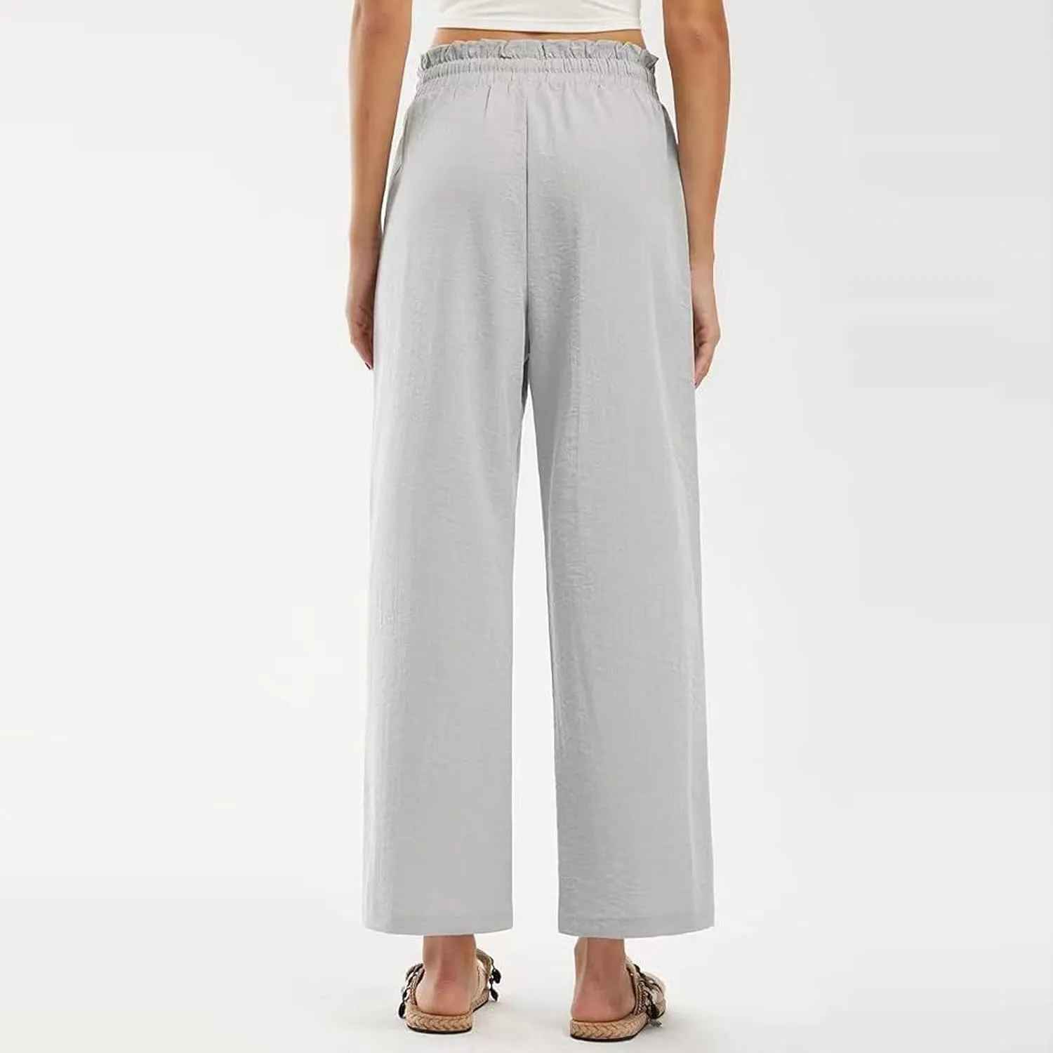 Wide Leg Linen Pants for Women Straight Leg Solid Country Concert Drawstring Cropped Loose Pants with Pockets