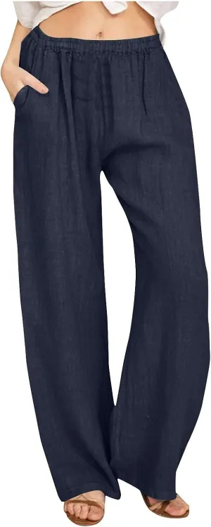 Wkishenl Women's Summer Linen Pants Casual Drawstring Waist Wide Leg Trousers Loose Fitted Solid Lounge Pants with Pockets