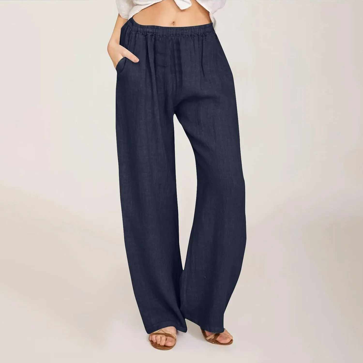 Wkishenl Women's Summer Linen Pants Casual Drawstring Waist Wide Leg Trousers Loose Fitted Solid Lounge Pants with Pockets