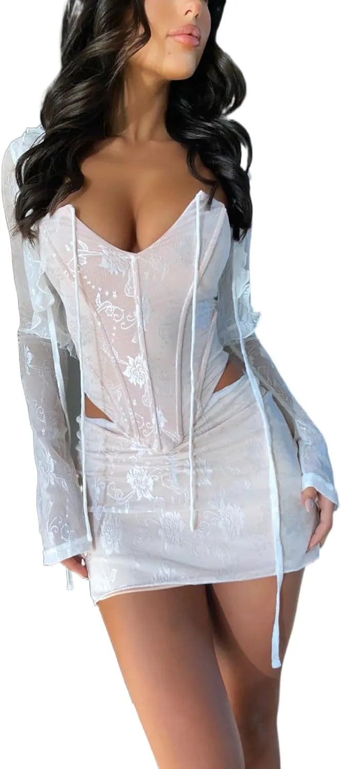 Women 2 Piece Bodycon Mini Skirt Set Backless Tie Up Floral Lace Bustier Corset Top Match Wrap Mini Skirt Set