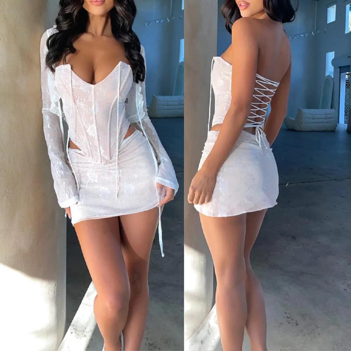 Women 2 Piece Bodycon Mini Skirt Set Backless Tie Up Floral Lace Bustier Corset Top Match Wrap Mini Skirt Set