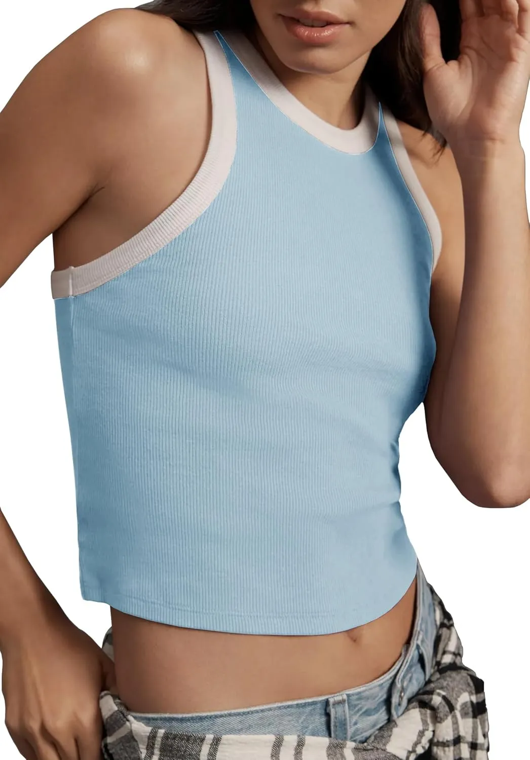 Women 2025 Sexy Sleeveless Crewneck Ribbed Knitted Tank Crop Tops