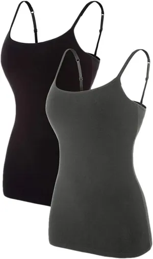 Women Adjustable Spaghetti Strap Camisole Solid Color Slim Fit Tank Tops With Bulit-In Bra Basic Cami