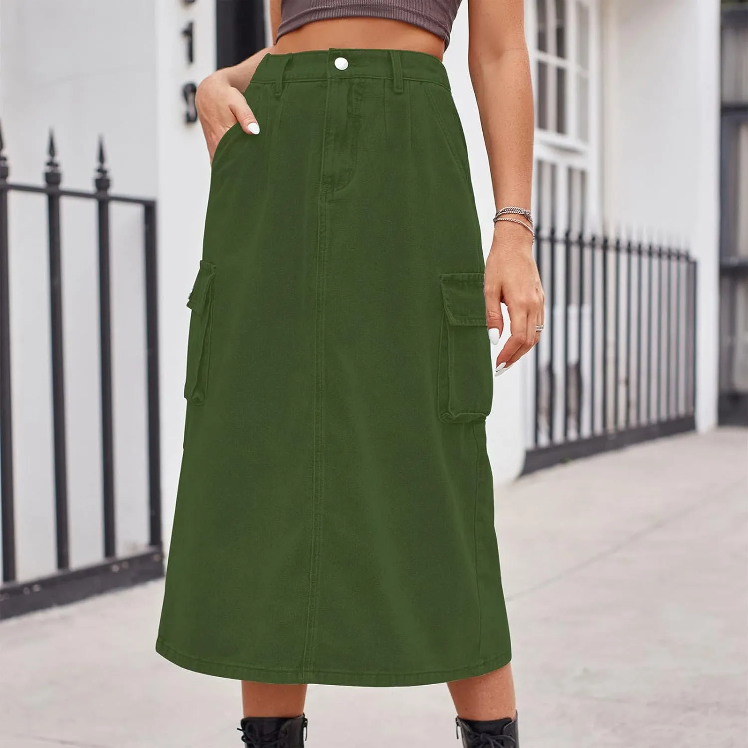 Women Casual Cargo Denim Skirt with Pockets High Waisted Work Button Jeans Dresses Summer Flowy Hem A-line Skirts
