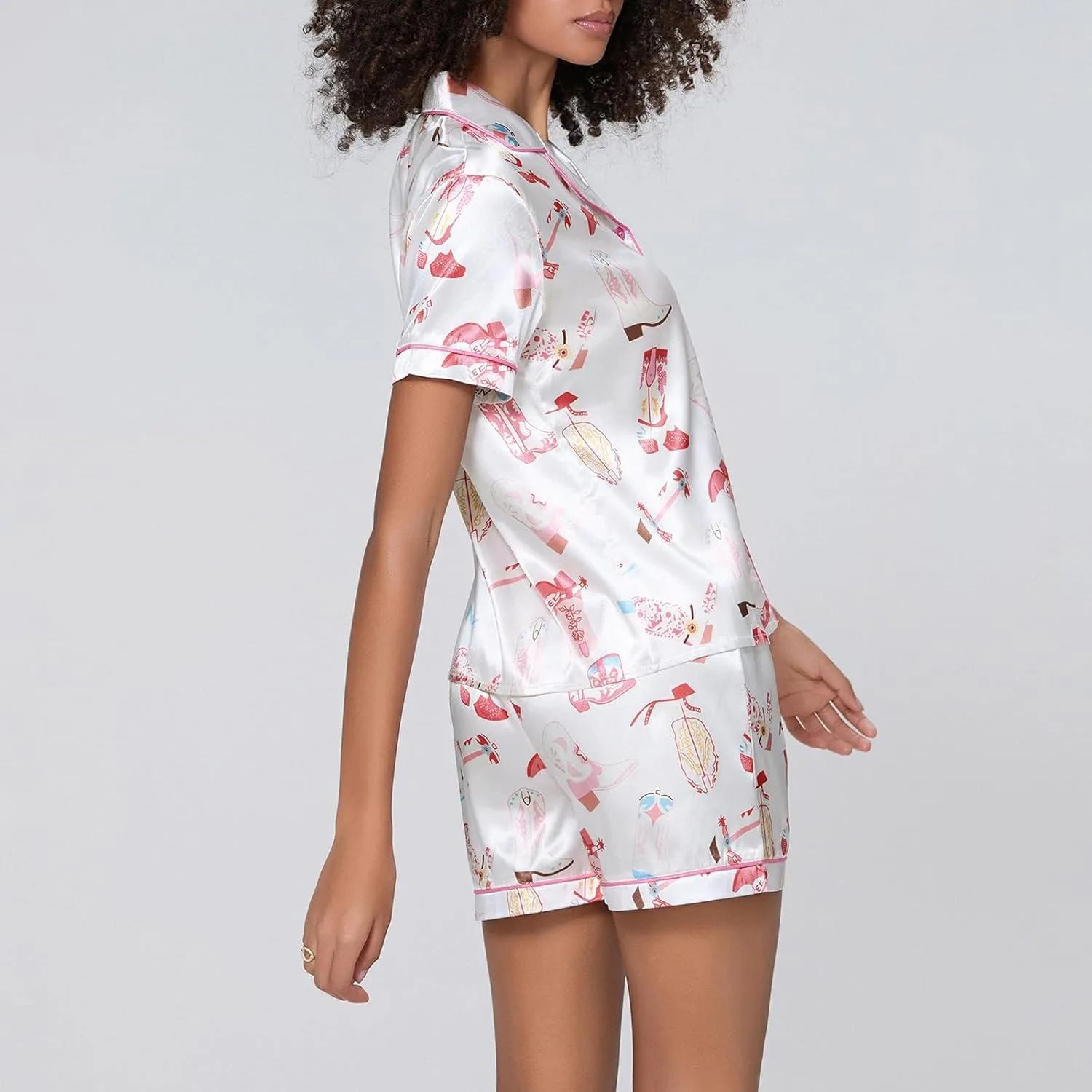Women Cute Fruit Printing Pajamas Set Lounge Set 2 Piece Casual outfits Set Button Down Oversized Shirt Shorts Set