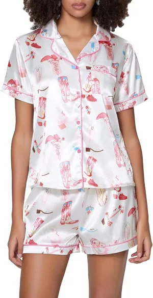 Women Cute Fruit Printing Pajamas Set Lounge Set 2 Piece Casual outfits Set Button Down Oversized Shirt Shorts Set