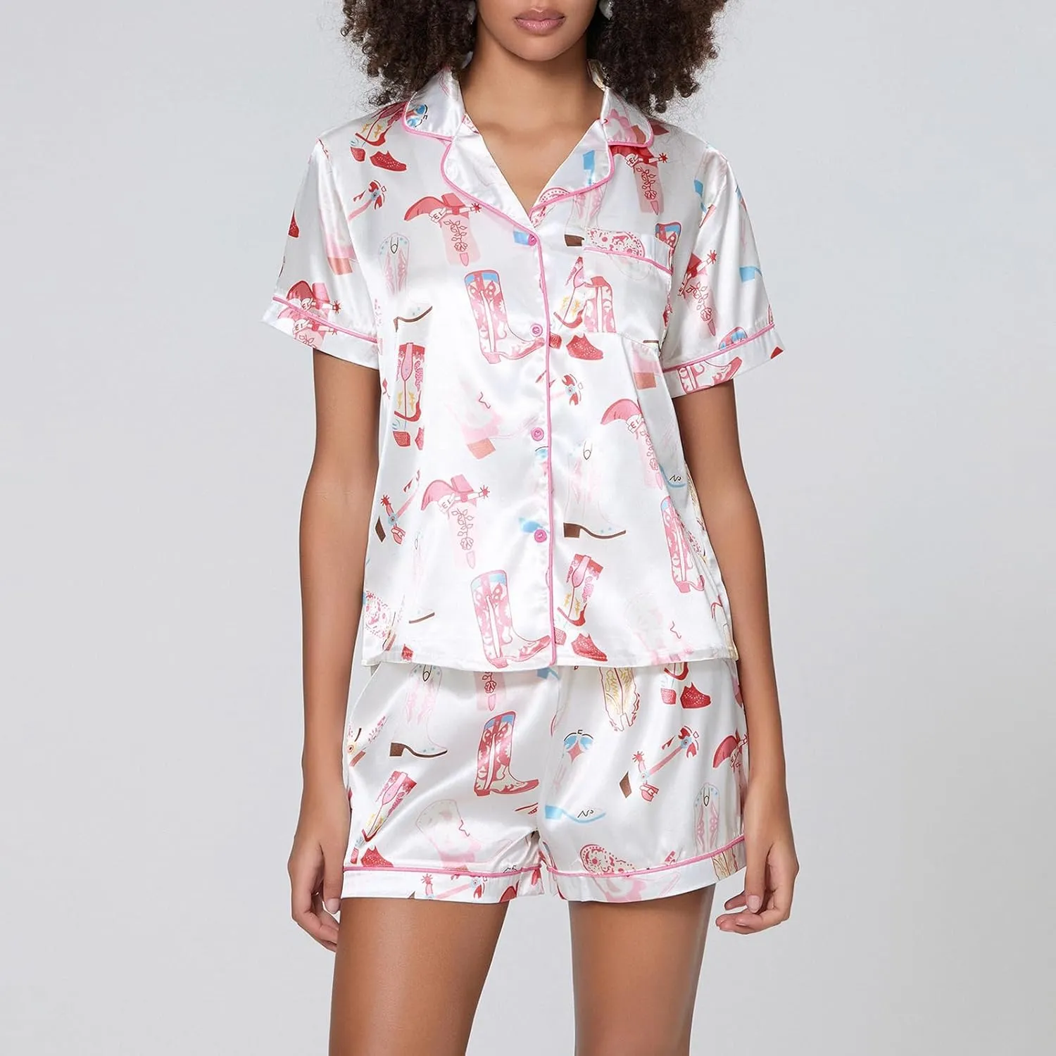 Women Cute Fruit Printing Pajamas Set Lounge Set 2 Piece Casual outfits Set Button Down Oversized Shirt Shorts Set