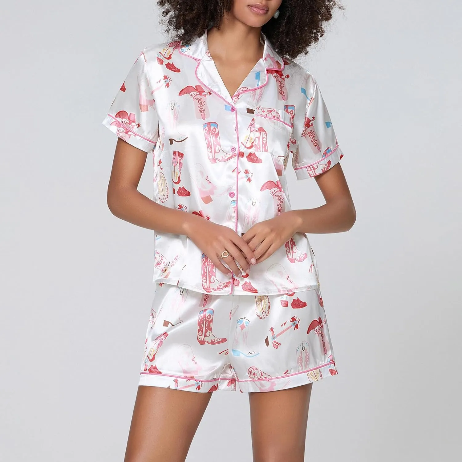 Women Cute Fruit Printing Pajamas Set Lounge Set 2 Piece Casual outfits Set Button Down Oversized Shirt Shorts Set