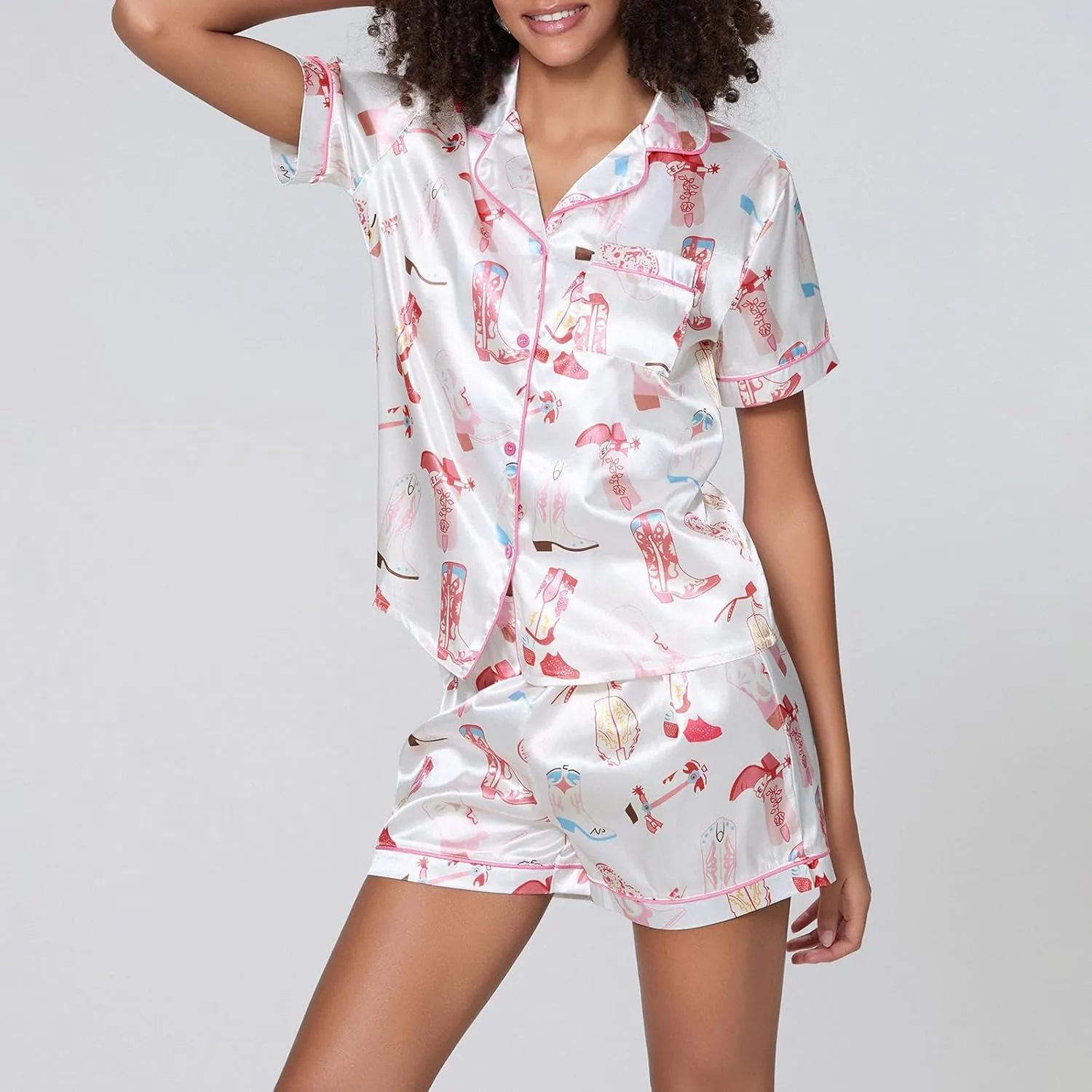 Women Cute Fruit Printing Pajamas Set Lounge Set 2 Piece Casual outfits Set Button Down Oversized Shirt Shorts Set