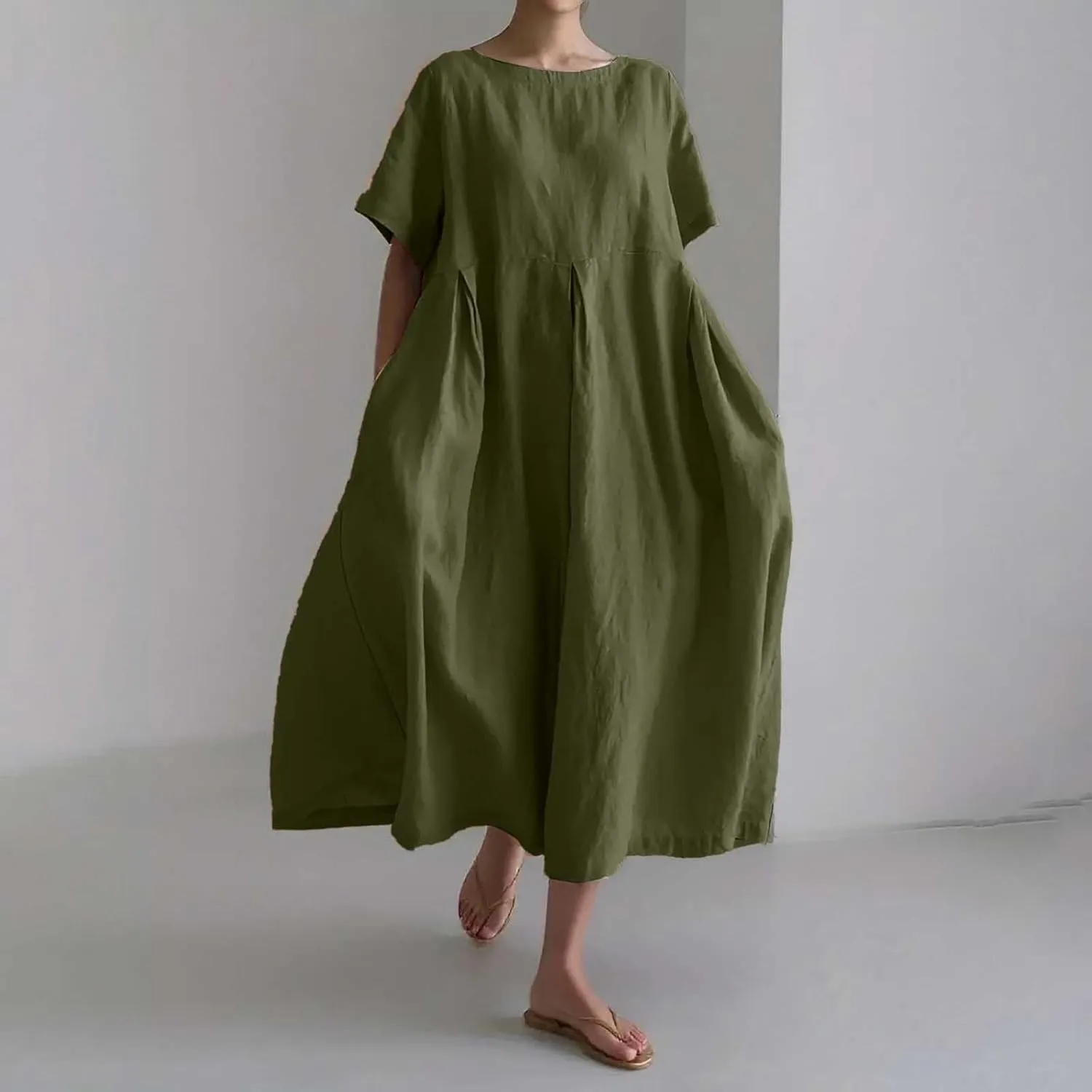 Women Fashion Solid Loose Dress Pullover Round Neck Over The Knee Long Skirt Womens Jean Shirt Dress