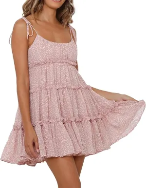 Women Floral Mini Dress Spaghetti Strap Ruffle Tiered Dress Cute Summer Chiffon Flowy Beach Vacation Sun Dresses