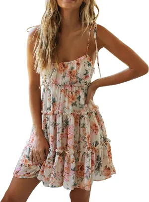Women Floral Mini Dress Spaghetti Strap Ruffle Tiered Milkmaid Dress Cute Summer Short Flowy Swing Beach Sun Dresses