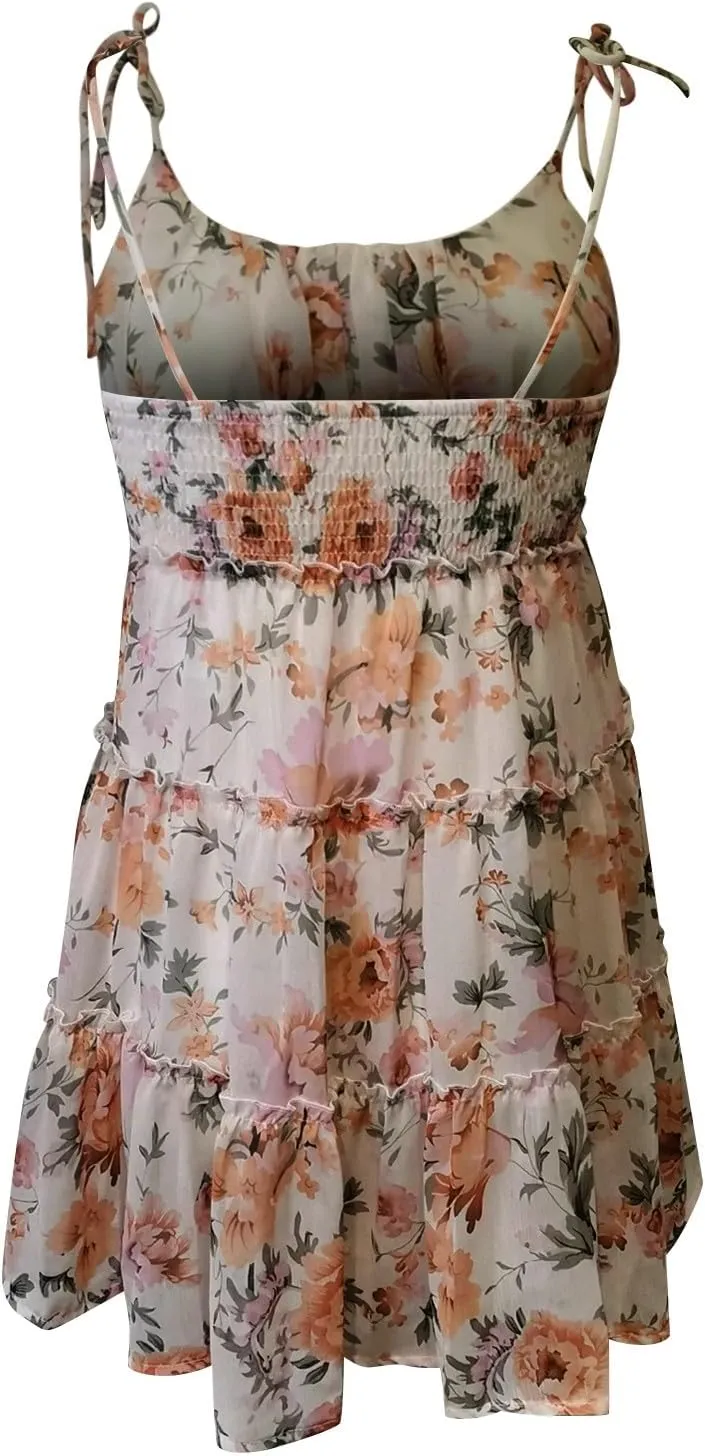 Women Floral Mini Dress Spaghetti Strap Ruffle Tiered Milkmaid Dress Cute Summer Short Flowy Swing Beach Sun Dresses