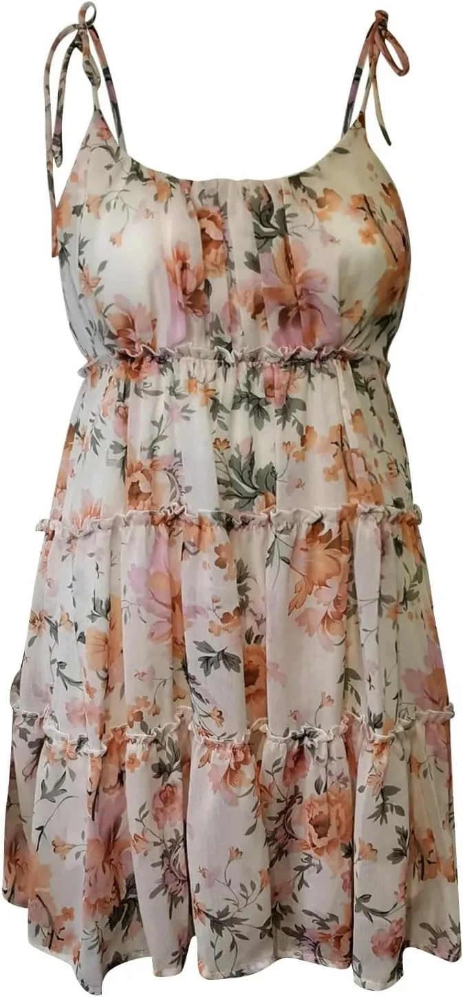 Women Floral Mini Dress Spaghetti Strap Ruffle Tiered Milkmaid Dress Cute Summer Short Flowy Swing Beach Sun Dresses