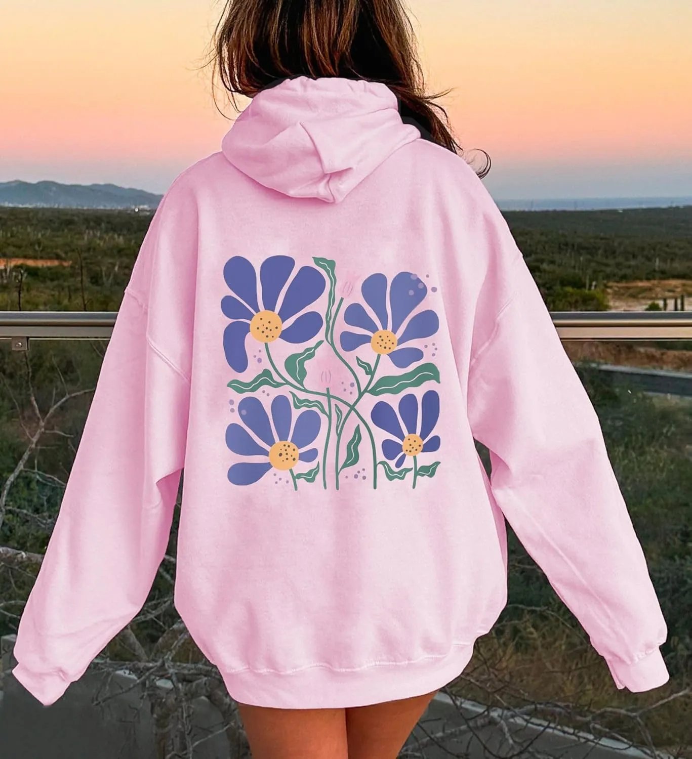 Women Floral Print Preppy Hoodies Y2k Long Sleeve Oversized Sweatshirt Aesthetic Flower Graphic Hooded Pullover Top