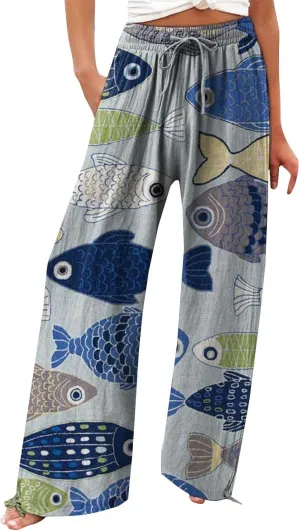 Women High Waisted Cotton Linen Palazzo Pants Dog Fish Graphic Wide Leg Long Lounge Pant Trousers with Pocket