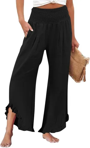 Women High Waisted Palazzo Linen Pants Trendy Pleated Irregular Cotton Linen Trouser Oversize Work Dressy Casaul Pant