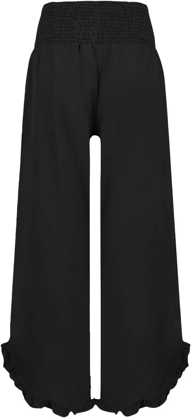 Women High Waisted Palazzo Linen Pants Trendy Pleated Irregular Cotton Linen Trouser Oversize Work Dressy Casaul Pant