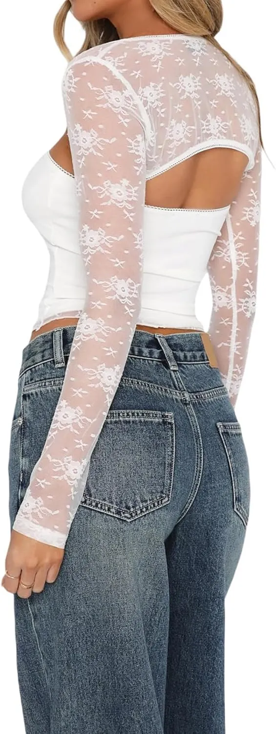Women Lace Bolero Shrug See Through Floral Cardigan Sheer Mesh Cropped Y2K Going Out Tops