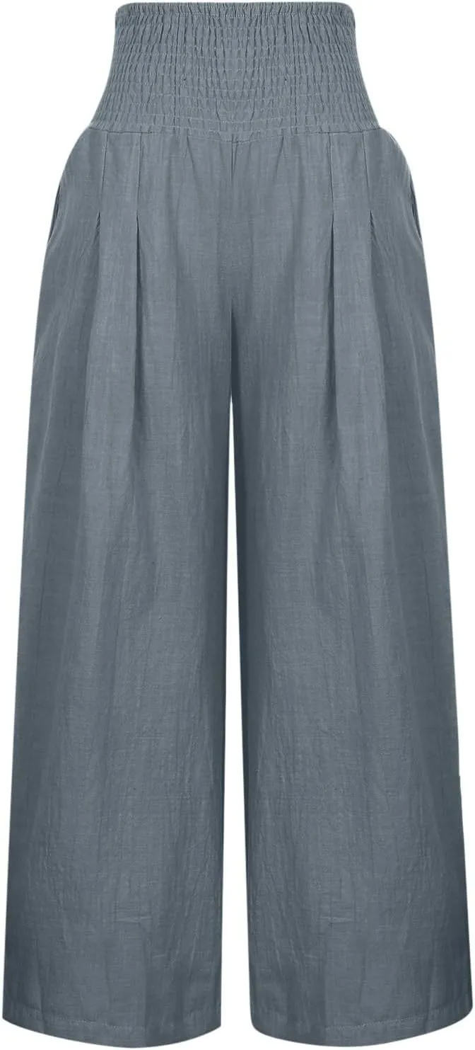 Women Linen Palazzo Pants Summer Wide Leg High Waisted Baggy Lounge Pants Trousers 2025 Beach Vacation Outfits