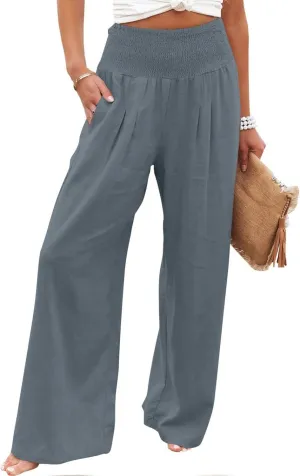 Women Linen Palazzo Pants Summer Wide Leg High Waisted Baggy Lounge Pants Trousers 2025 Beach Vacation Outfits