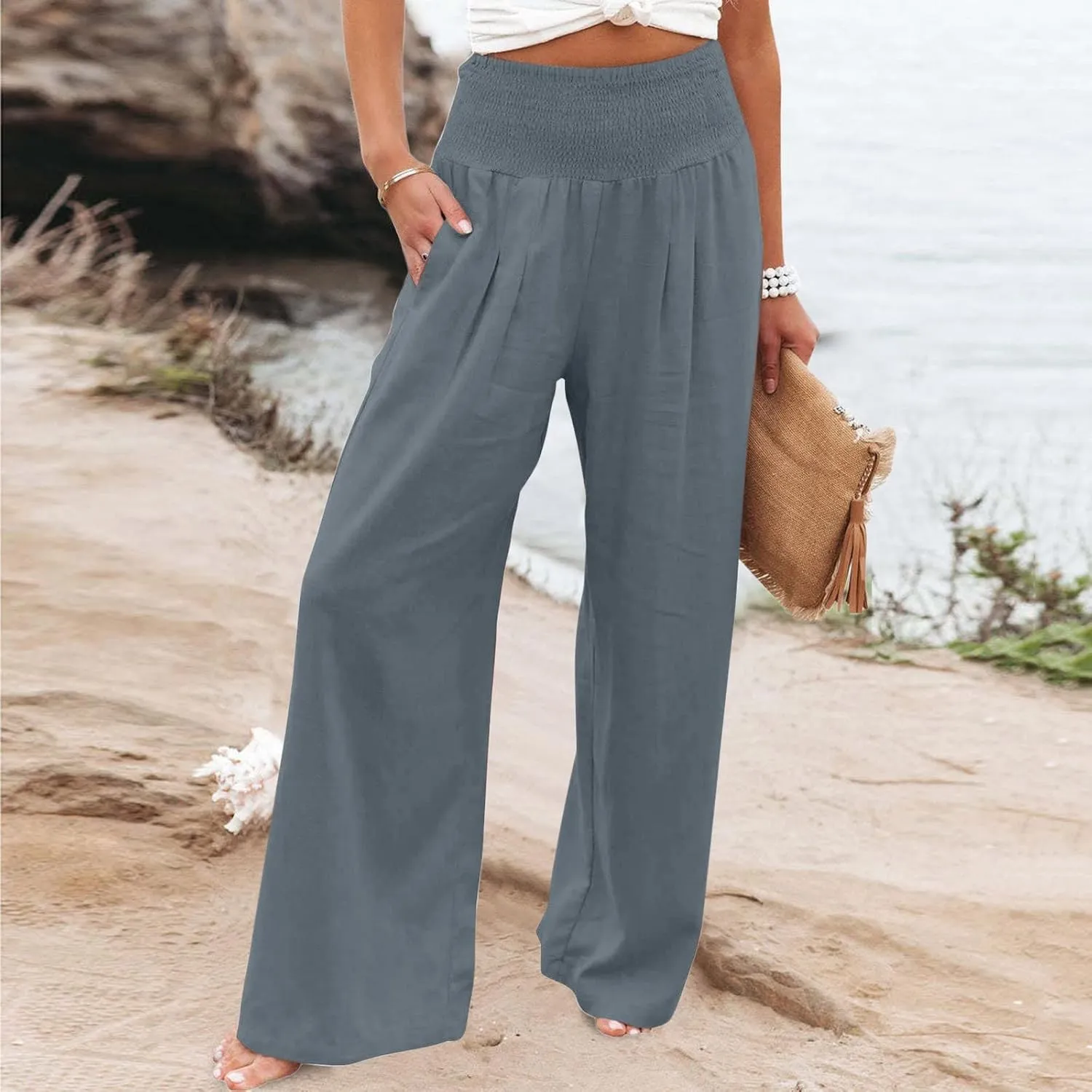 Women Linen Palazzo Pants Summer Wide Leg High Waisted Baggy Lounge Pants Trousers 2025 Beach Vacation Outfits