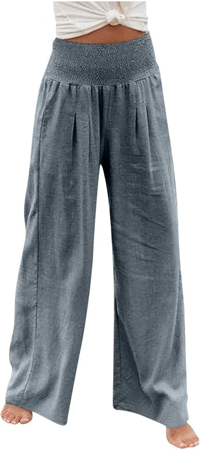 Women Linen Palazzo Pants Summer Wide Leg High Waisted Baggy Lounge Pants Trousers 2025 Beach Vacation Outfits