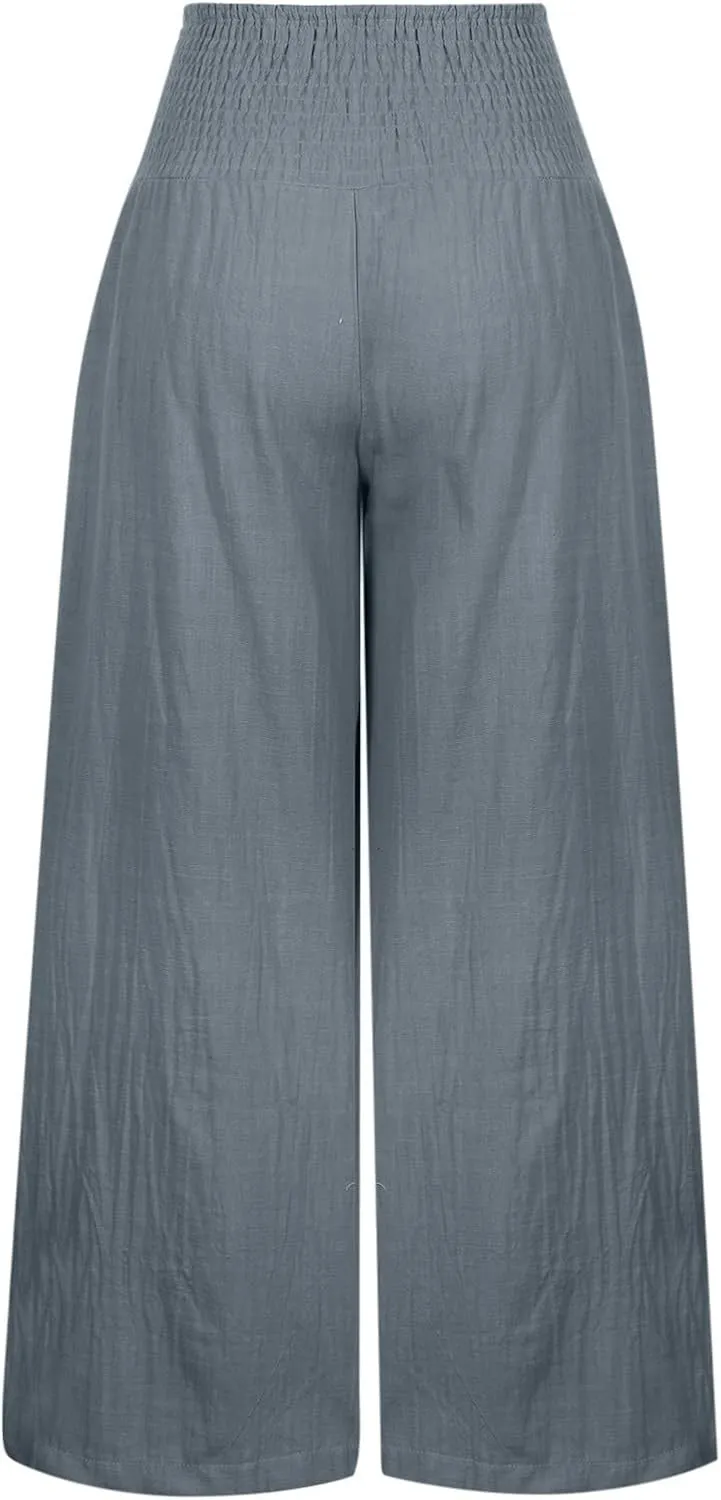 Women Linen Palazzo Pants Summer Wide Leg High Waisted Baggy Lounge Pants Trousers 2025 Beach Vacation Outfits