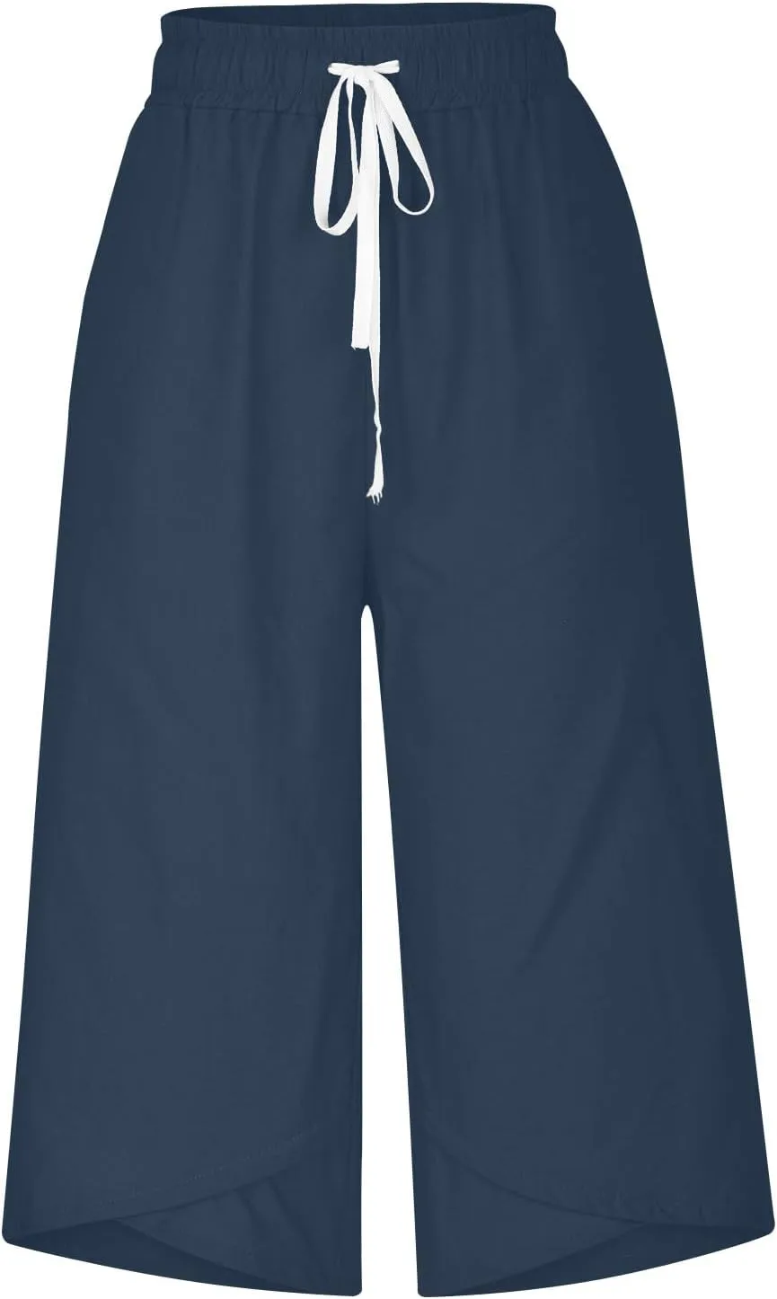 Women Linen Pants 2025 Casual Loose High Waist Trousers Drawstring Wide Leg Cropped Palazzo Beach Pants Summer Outfit