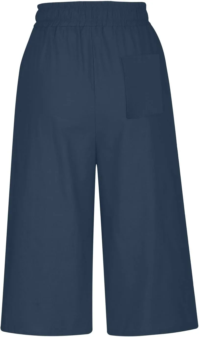 Women Linen Pants 2025 Casual Loose High Waist Trousers Drawstring Wide Leg Cropped Palazzo Beach Pants Summer Outfit