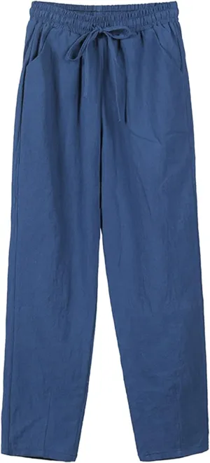 Women Loose Straight Casual Pants Cotton&Linen Pant with Pockets Summer High Waist Trousers for Vacation Travel