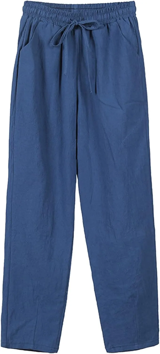 Women Loose Straight Casual Pants Cotton&Linen Pant with Pockets Summer High Waist Trousers for Vacation Travel