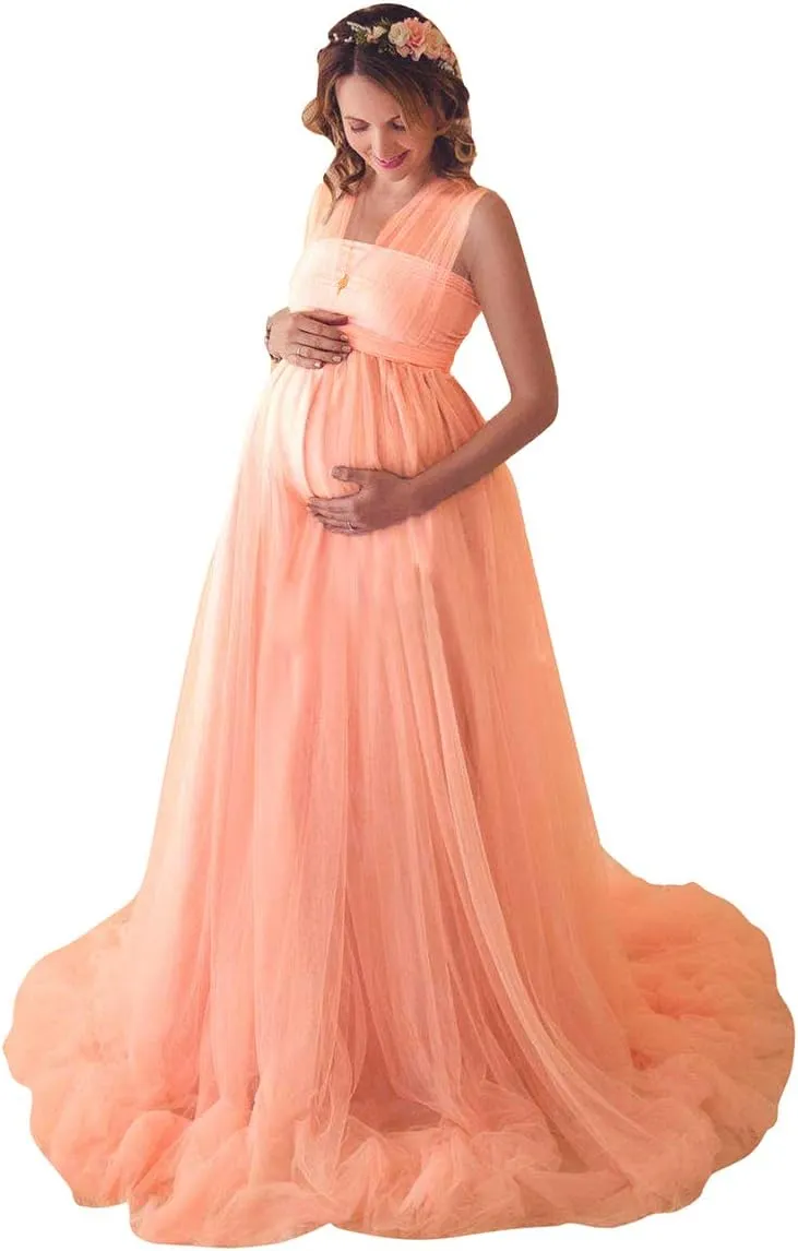 Women Off Shoulder Long Sleeve Maternity Dress Tulle Elegant Slim Fit Gown Baby Shower Photography Maxi Dress for Photo Shoot