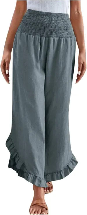 Women Palazzo Pants Summer Boho Flowy Wide Leg Smocked Waist Ruffle Hem Beach Gauze Trousers Pant Vacation Outfits