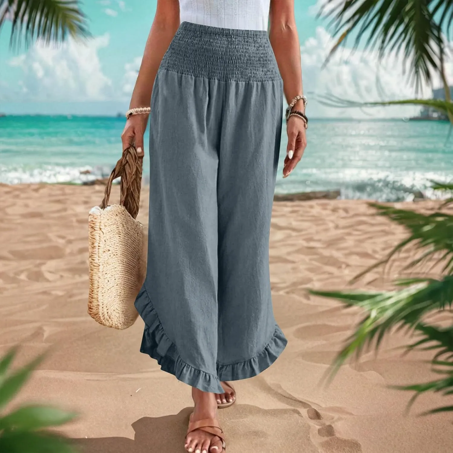 Women Palazzo Pants Summer Boho Flowy Wide Leg Smocked Waist Ruffle Hem Beach Gauze Trousers Pant Vacation Outfits